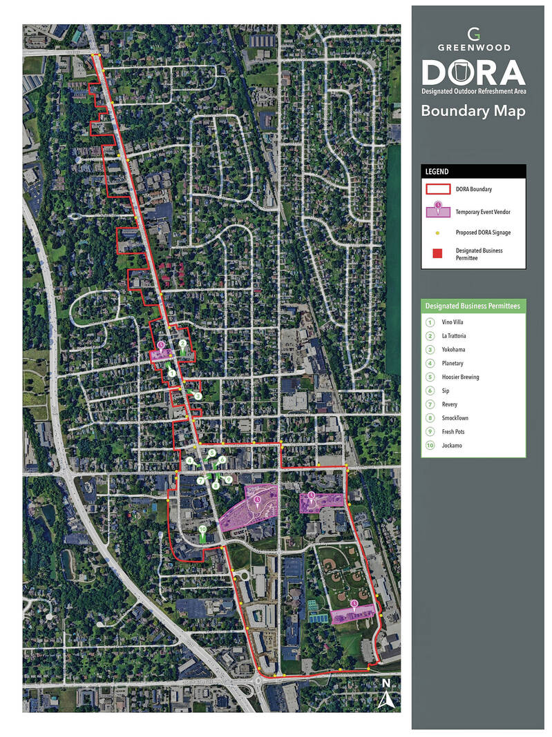 Greenwood officials are seeking the city council’s approval to implement a designated outdoor refreshment area in Old Town. The DORA would stretch from along Madison Avenue south to Smith Valley Road and east to include Craig Park. Provided by the city of Greenwood