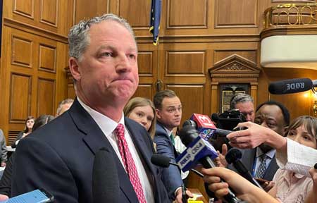 Indiana House Speaker Todd Huston during a session with reporters on Nov. 18, 2025. (Photo by Tom Davies/Indiana Capital Chronicle)