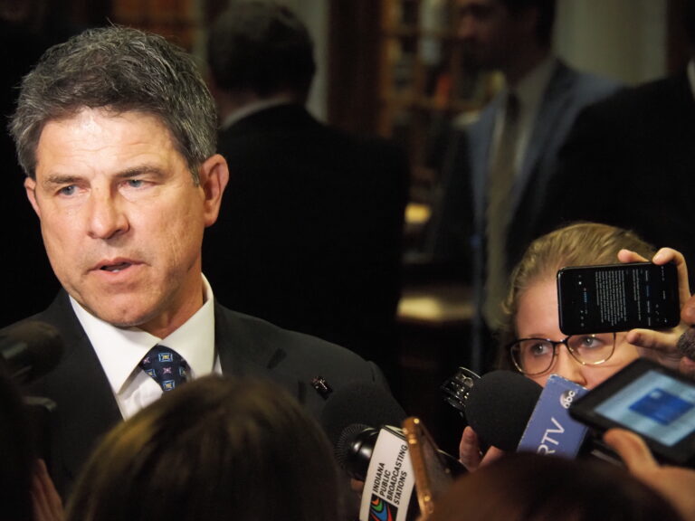 Senate Pro Tem Rodric Bray speaks to the press at sine die on March 8, 2024. (Photo by Casey Smith/Indiana Capital Chronicle)