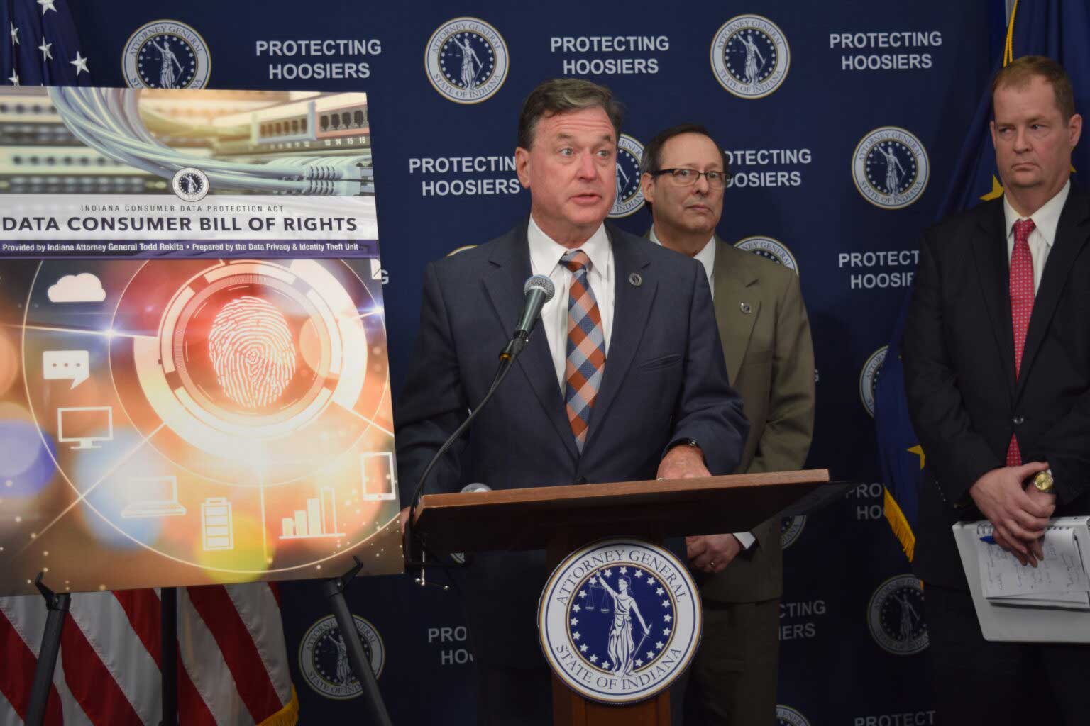 Indiana Attorney General Todd Rokita and staff from the office’s Consumer Protection Division discuss a new “Consumer Data Protection Bill of Rights” during a news conference on Tuesday, Nov. 25, 2025, in Indianapolis. (Photo by Casey Smith/Indiana Capital Chronicle)
