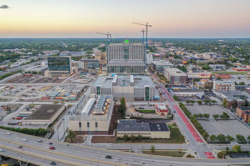 As part of its multibillion-dollar hospital project, Indiana University Health built a two-story, 78,500-square-foot utility plant on the southern end of its campus. (Photo courtesy of Indiana University Health)