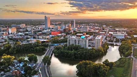 An aerial view of the city of Fort Wayne and the confluence of its three rivers. (Photo by John McGauley)