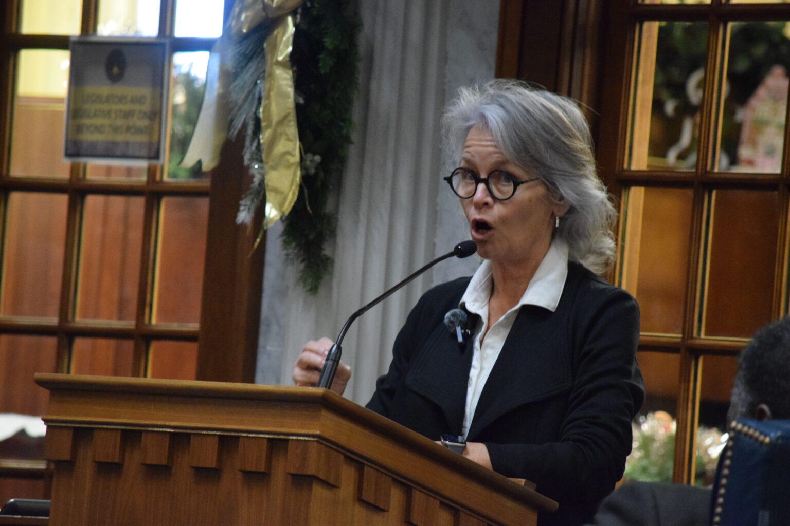 Kelly Thompson, a congressional candidate in the Third District, testifies against redistricting on Monday, Dec. 8, 2025. (Photo by Casey Smith/Indiana Capital Chronicle)