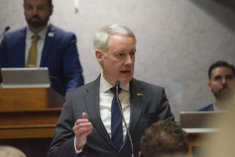 Sen. Greg Goode, R-Terre Haute, speaks during the Senate redistricting debate on Thursday, Dec. 11, 2025.(Photo by Casey Smith/Indiana Capital Chronicle)