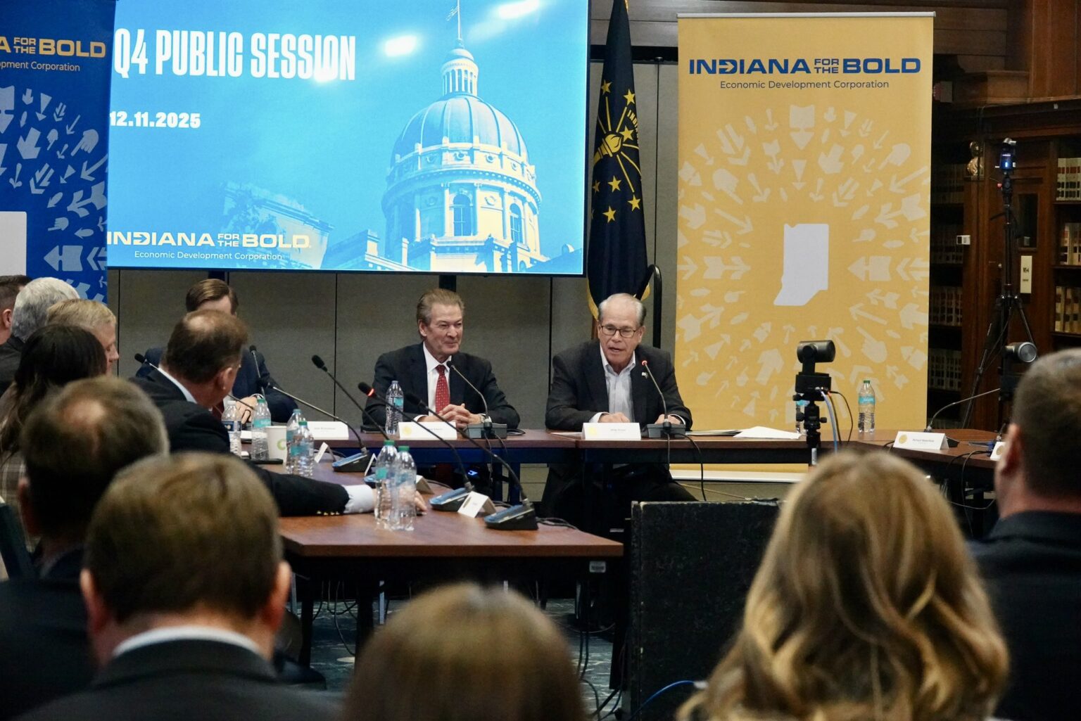 From left: Indiana Commerce Secretary David Adams and Gov. Mike Braun lead an Indiana Economic Development Corp. meeting on Thursday, Dec. 11, 2025. (Photo courtesy of Indiana Economic Development Corp.)