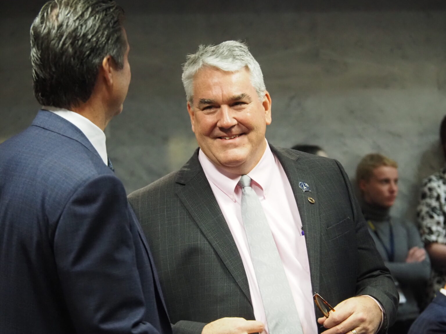  Sen. Andy Zay chats in the Senate chamber on Tuesday, Jan. 16, 2024. He will chair the Indiana Utility Regulatory Commission. (Photo by Whitney Downard/Indiana Capital Chronicle)