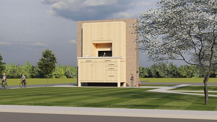 This rendering of the front view of the World's Largest Hoosier Cabinet shows a person looking from the countertop access that will also act as a stage for entertainment. Contributed rendering