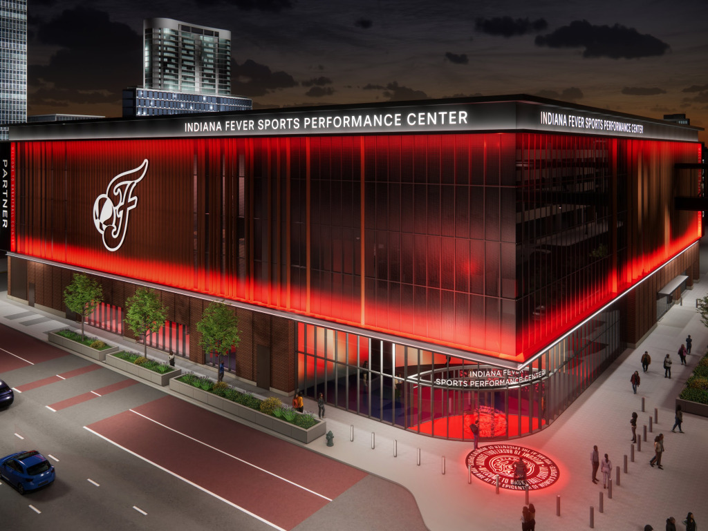 This rendering of the Indiana Fever Sports Performance Center shows the west and south sides of the building at the intersection of Maryland and Delaware streets. A mural is planned for the north side of the building. (Image courtesy of Indiana Fever)