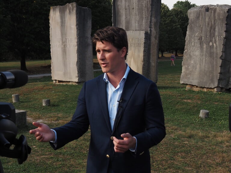 Beau Bayh meets with the media at Holliday Park in Indianapolis on Oct. 6, 2025. (Whitney Downard/Indiana Capital Chronicle)