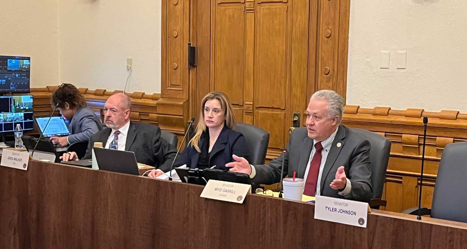 Indiana Senate Elections Committee Chair Mike Gaskill (-Pendleton), right, speaks during a committee meeting on Feb. 16, 2026. (Photo by Tom Davies/Indiana Capital Chronicle)