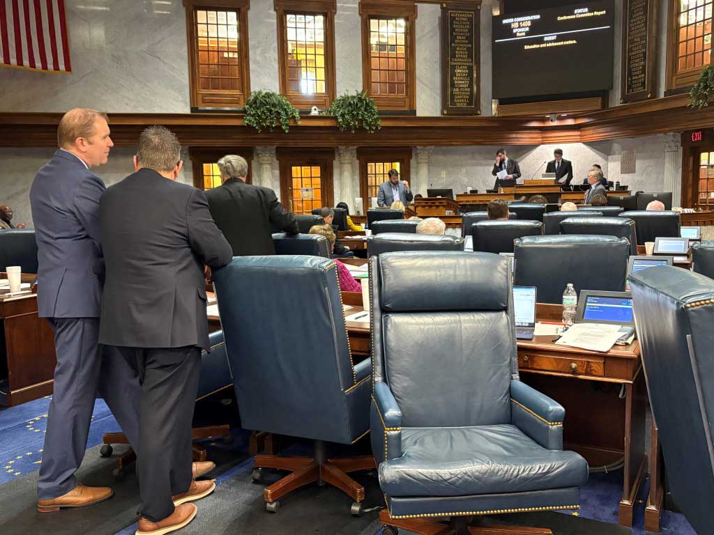 Senators listen to debate at the Indiana Statehouse on Feb. 27, 2026. (IBJ photo/Marek Mazurek)