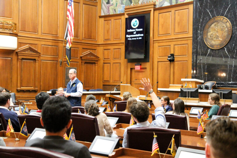 Gov. Mike Braun speaks with legislative interns in the Indiana House on Jan. 16, 2026. (Photo from Gov. Mike Braun’s Flickr)