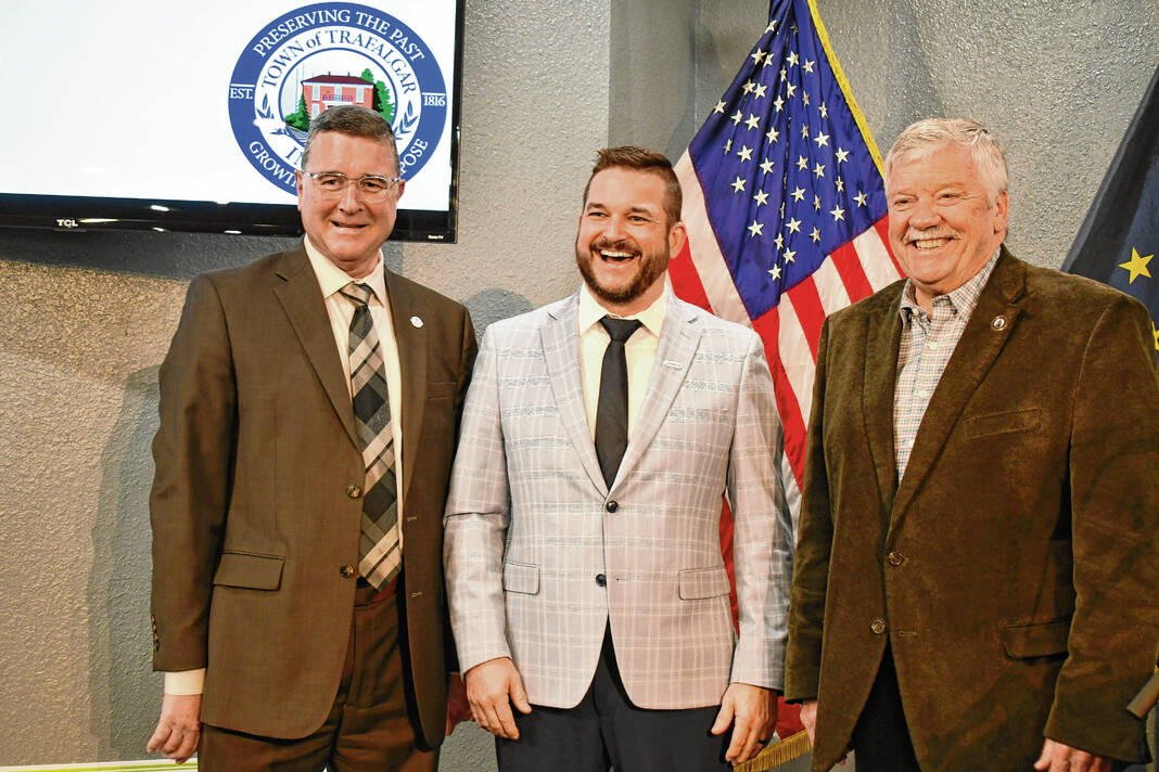 From left to right, Greenwood Mayor Mark Myers, Trafalgar Town Manager Bryan Gregg and Franklin Mayor Steve Barnett pose for a photo at the inaugural Trafalgar State of the Town address Thursday morning at the Trafalgar Community Building. Erika Malone | Daily Journal