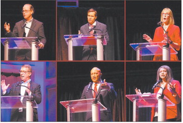Six GOP gubernatorial hopefuls participate in a March 11 debate in Carmel. They are, clockwise from top left, Mike Braun, Brad Chambers, Suzanne Crouch, Jamie Reitenour, Curtis Hill and Eric Doden. Whitney Downard | Indiana Capital Chronicle